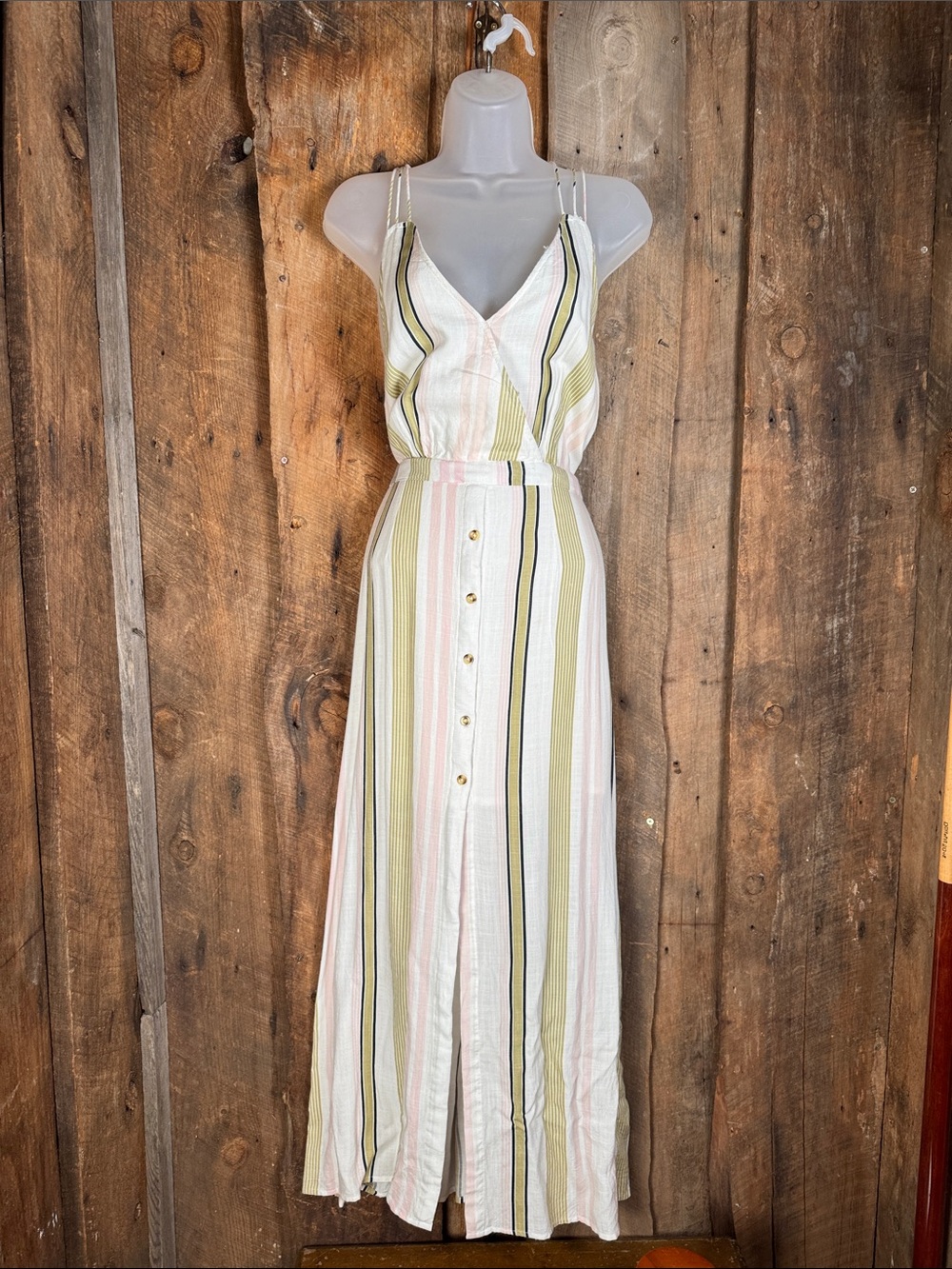 Patrons of Peace Striped Spaghetti‑Strap Maxi Dress in White, Olive, Pink